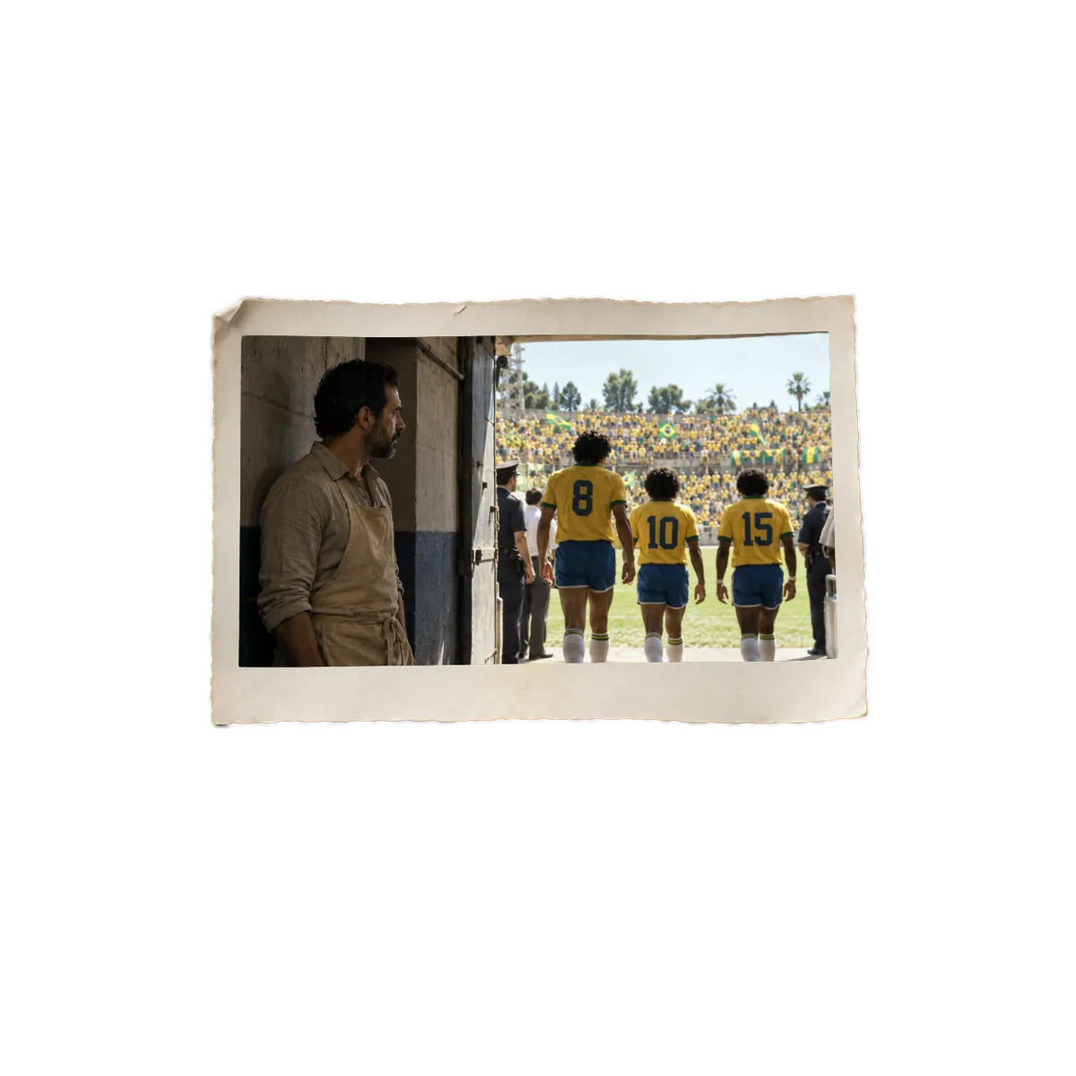 The Sculptor stands in the players' tunnel at Sarria, Barcelona, in 1982, as Brazil's yellow shirts, numbers 8, 10 and 15, walk out toward the packed stands