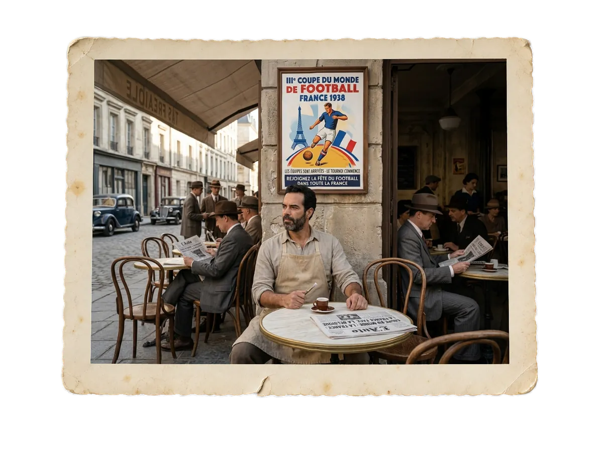 The Sculptor sits at a Paris café table with a newspaper under a poster for the 1938 World Cup in France