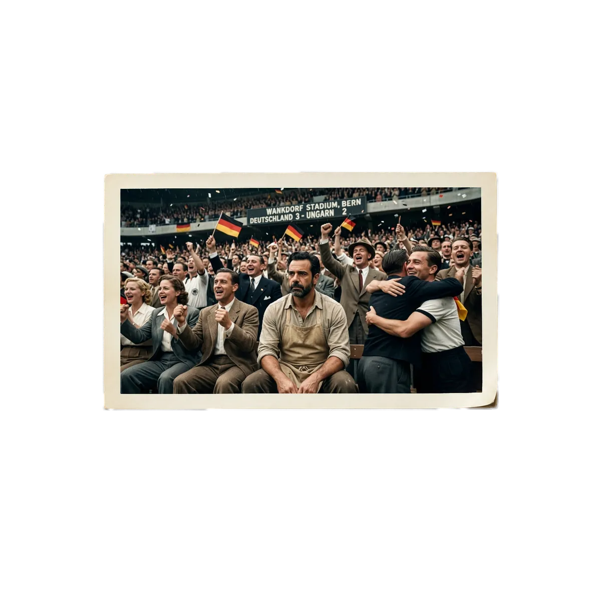 The Sculptor sits still among German fans who embrace and cheer in the Wankdorf stands, Bern, 1954