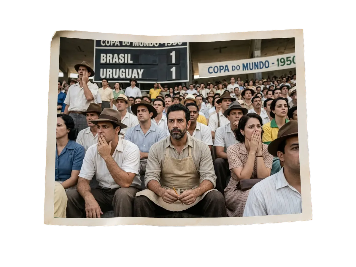 The Sculptor sits in the 1950 crowd under a scoreboard reading Brasil 1 Uruguay 1, the faces around him frozen