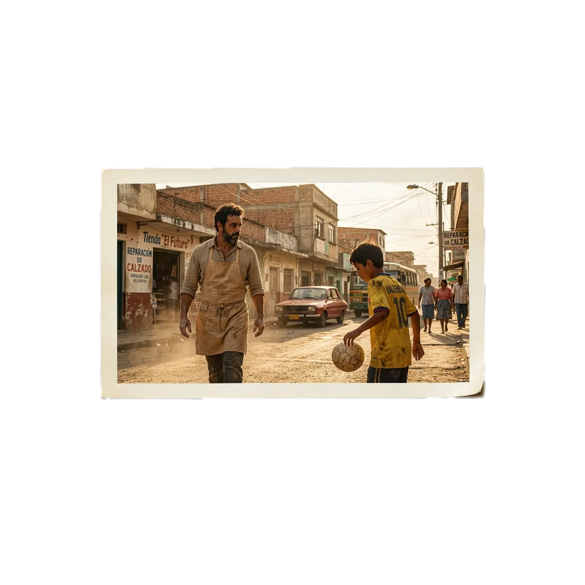 The Sculptor in his apron walks down a dusty street while a boy in a yellow number ten shirt rolls a worn ball under his foot