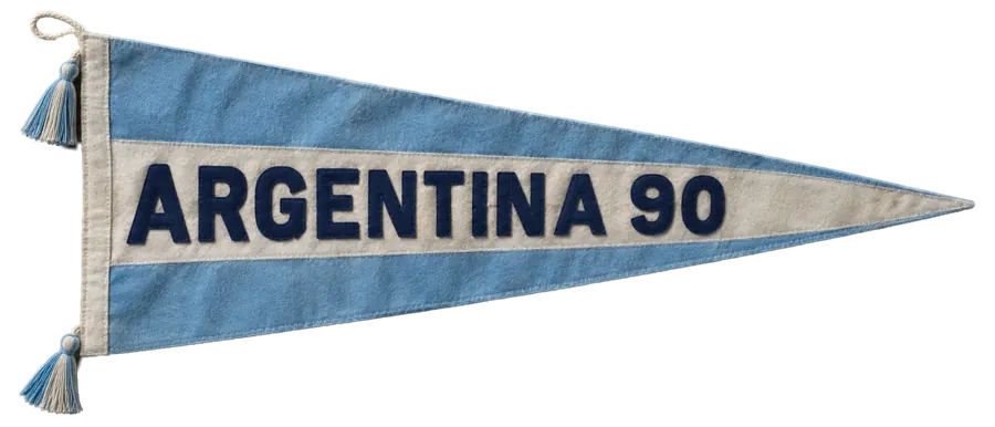 A worn celeste and white felt pennant that reads Argentina 90
